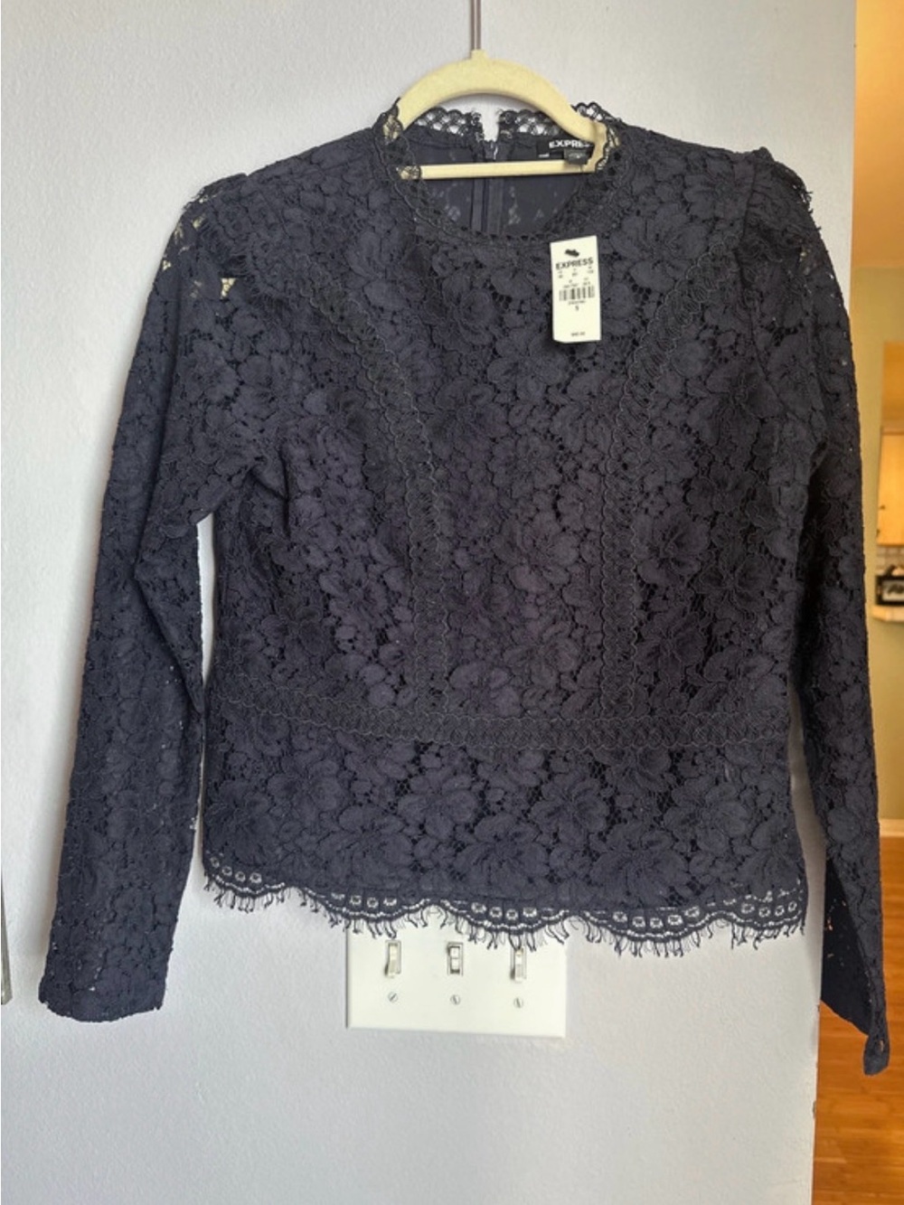 Express Women's Midnight Blue Lace Long-Sleeve Top. New with tags. Size small.